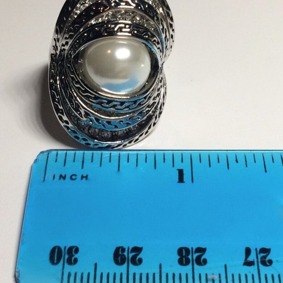 Pearl Cocktail Ring Size 6 Art Deco Statement Vintage Style Silver RhodiumPlated - Picture 12 of 12